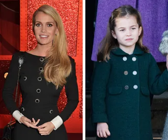 Lady in black dress with blonde hair next to a young girl in green coat.