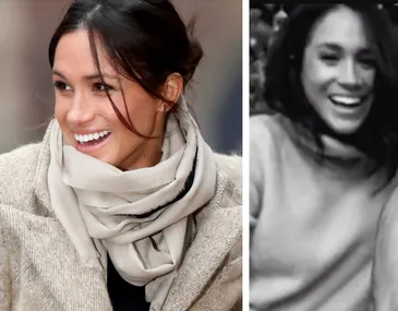 Two images side by side of a smiling woman wearing a scarf and jacket, and a black and white jumper, both candid shots.