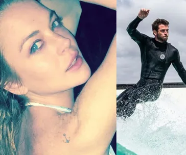 A woman with an anchor tattoo and a man surfing in a wetsuit, side by side collage.