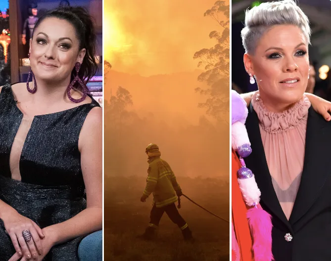 Celebrities on either side of a firefighter in gear, surrounded by orange-tinted smoke from bushfires.