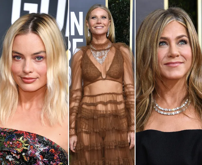 Celebrities on the 2020 Golden Globes red carpet, showcasing diverse fashion styles and statement jewelry.