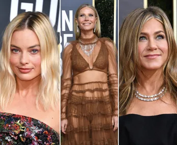 Celebrities on the 2020 Golden Globes red carpet, showcasing diverse fashion styles and statement jewelry.