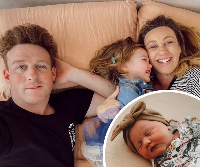 Family lying on bed with young daughter; inset shows newborn baby girl wearing a headband.