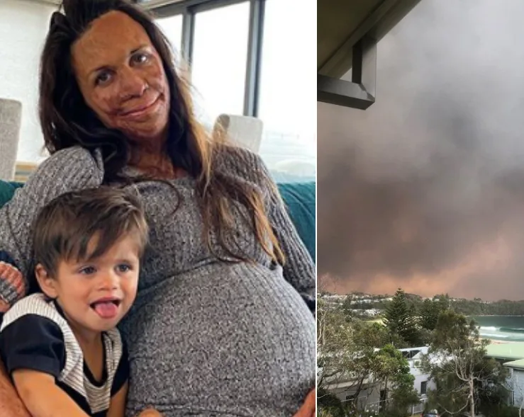 "Pregnant woman with child sitting on couch, smiling. Smoky sky visible outside window from nearby bushfires."