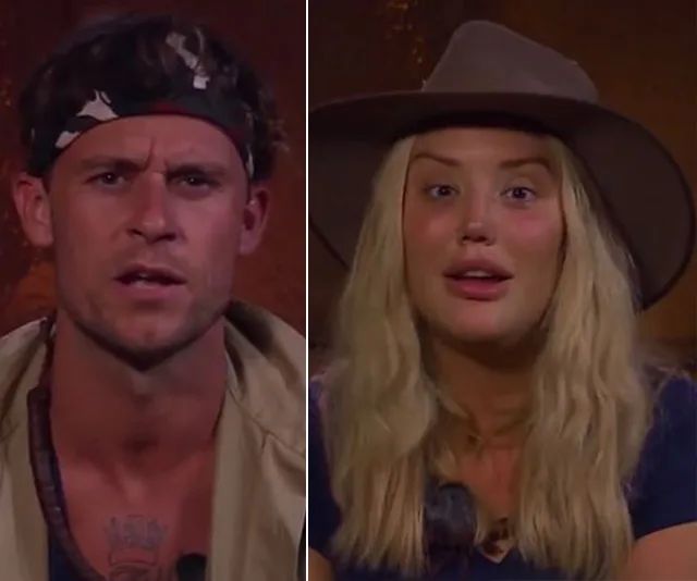 Two people in a reality TV setting, one with a headband and another with a hat, talking to the camera.