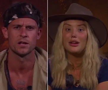Two people in a reality TV setting, one with a headband and another with a hat, talking to the camera.