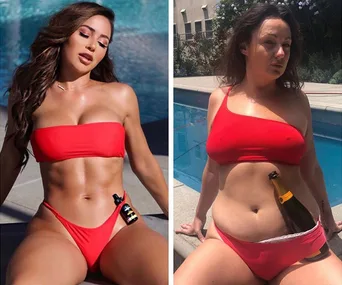 Side-by-side image of a model in a red bikini and a comedic recreation by another woman by a pool.
