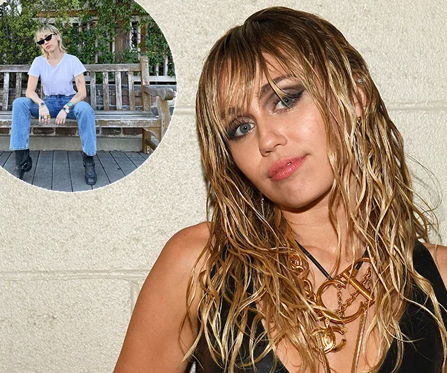 Young woman with wet-look hair posing in a black outfit, inset of her sitting on a bench with sunglasses.