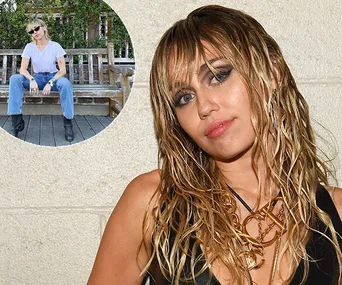 Young woman with wet-look hair posing in a black outfit, inset of her sitting on a bench with sunglasses.