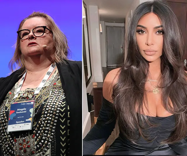 Two women side by side; one in glasses and a name badge, the other with long hair in an off-shoulder outfit.