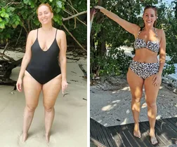 Woman on a beach in a before-and-after weight loss comparison, wearing swimsuits, surrounded by trees.