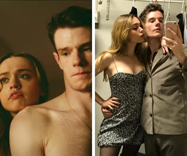 "Two images: Left - close-up of a shirtless couple; Right - woman in dress taking selfie with man in a bathroom mirror."