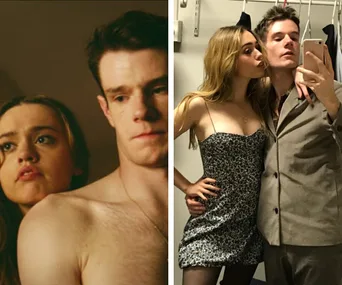 "Two images: Left - close-up of a shirtless couple; Right - woman in dress taking selfie with man in a bathroom mirror."