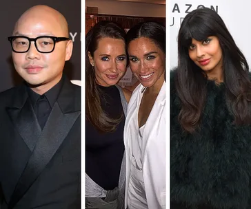 Three photos of individuals, including a group shot with Meghan Markle smiling with a friend, and two others posing separately.