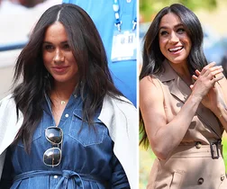 Alt text: "Two images of a woman with long dark hair wearing a denim dress and a tan outfit, smiling."