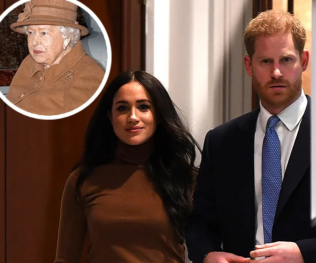 Meghan Markle and Prince Harry walking indoors; inset of Queen Elizabeth II.