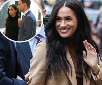 Meghan Markle smiling and waving, inset of her and a man in an office scene, related to Disney role.