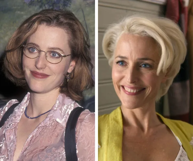 Gillian Anderson shown in two portraits: one with dark hair and glasses, the other with short blonde hair and no glasses.