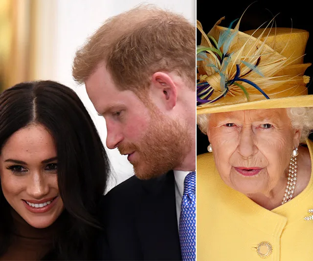 Prince Harry and Meghan smiling together; Queen Elizabeth II in a yellow outfit with floral hat.