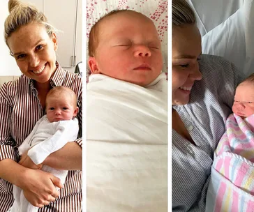 Smiling woman holding a baby, close-up of sleeping baby, and woman with baby in hospital bed.