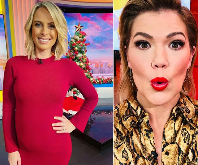 Pregnant woman in red dress by Christmas tree and a woman in leopard print shirt making a surprised face.