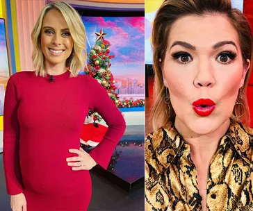 Pregnant woman in red dress by Christmas tree and a woman in leopard print shirt making a surprised face.
