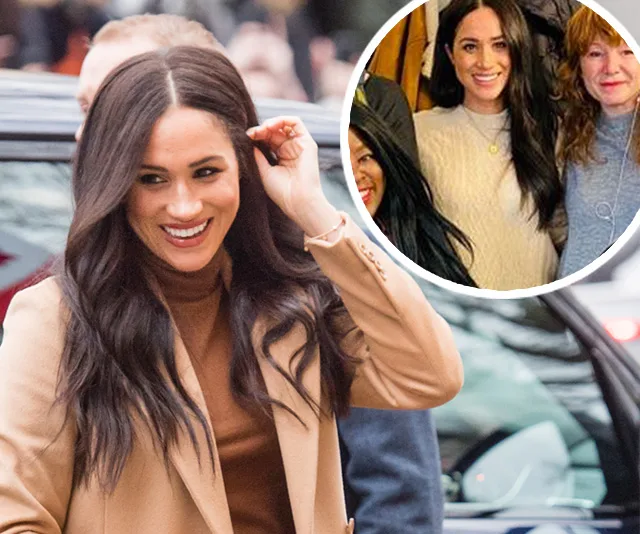 Meghan Markle visiting Vancouver women's center, smiling in a beige coat with group photo circle inset.
