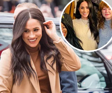 Meghan Markle visiting Vancouver women's center, smiling in a beige coat with group photo circle inset.