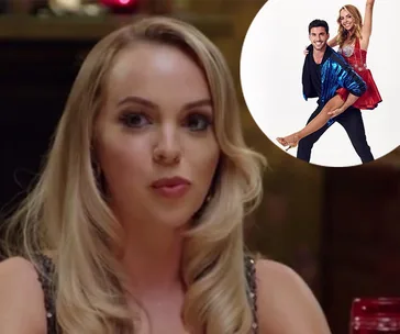 A woman with long blonde hair sits at a table, with a circular inset showing a dancing couple in colorful attire.