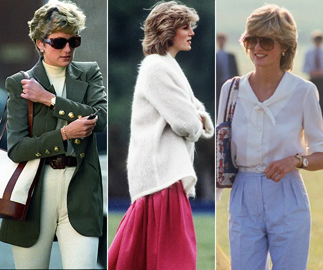 Three images showing a woman in casual outfits: blazer and pants, sweater with skirt, and a blouse with striped pants.