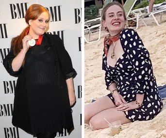 Adele before and after weight loss: left shows her at an event, right shows her sitting on a beach in a polka dot dress.