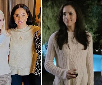 Woman in a cable-knit jumper outdoors holding a wine glass, and indoors smiling with friends.