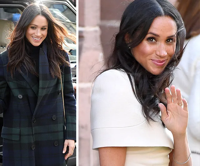 Two images of a smiling woman in stylish outfits; one in a plaid coat, the other in an ivory dress, waving.