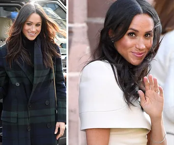 Two images of a smiling woman in stylish outfits; one in a plaid coat, the other in an ivory dress, waving.