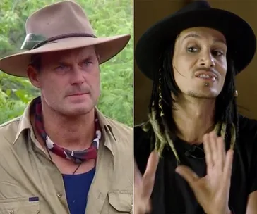 Two men in a split image: one wearing a hat and outdoor gear, the other with a hat and distinctive hairstyle.