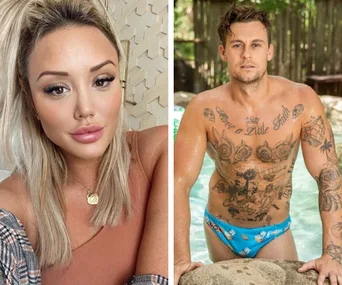 Two individuals in separate images: one poses indoors, the other outdoors by a pool, both with visible tattoos.