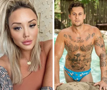Two individuals in separate images: one poses indoors, the other outdoors by a pool, both with visible tattoos.