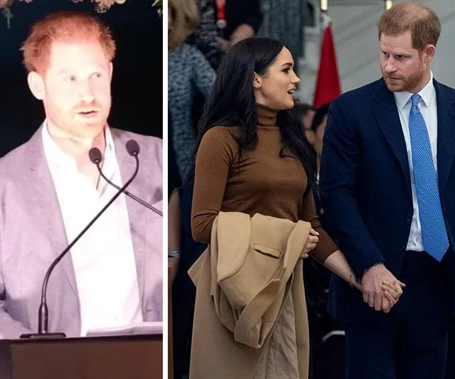 Prince Harry giving a speech; Harry and Meghan holding hands in a formal setting.