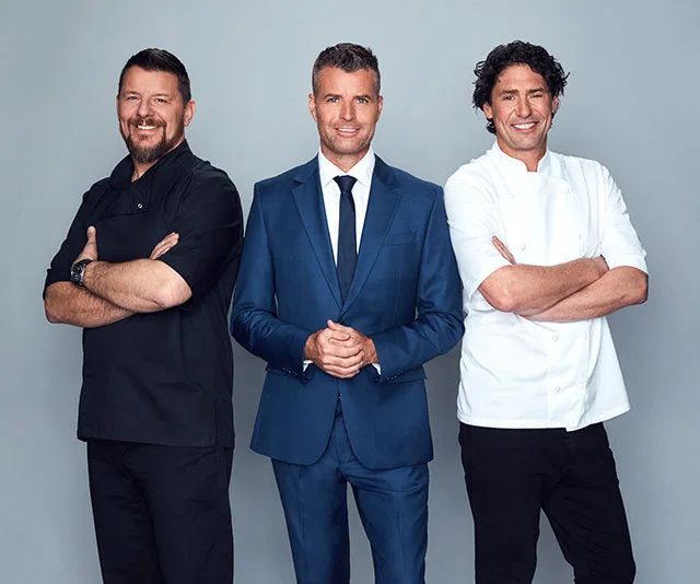 Three hosts from My Kitchen Rules 2020, standing together and smiling.