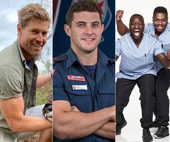 Men in various uniforms: a wildlife enthusiast, a paramedic, and two nurses, posing in distinct settings.