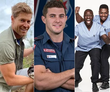 Men in various uniforms: a wildlife enthusiast, a paramedic, and two nurses, posing in distinct settings.