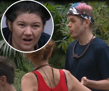 Participants in a jungle setting from "I'm a Celebrity," with a focus on a woman in an inset circle.