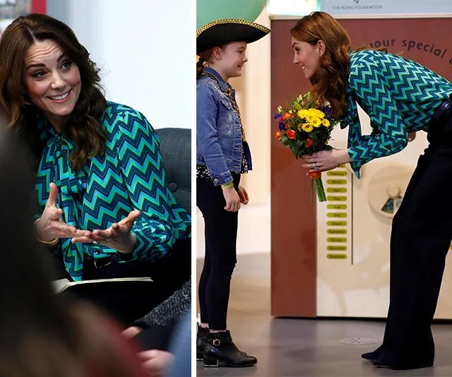 Kate Middleton in a green and blue chevron blouse, engaging with others and receiving flowers from a child in Birmingham.
