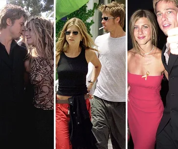 Jennifer Aniston and Brad Pitt in various candid moments, walking outside, at an event, and looking into each other's eyes.