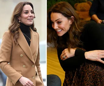 A woman in a camel coat and black turtleneck, smiling, paired with another image of her wearing a black top and animal print skirt.
