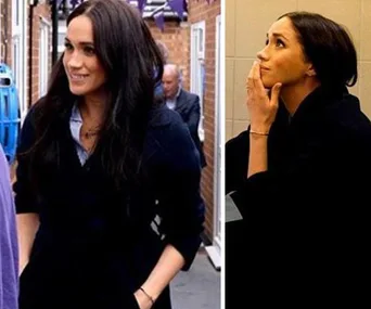 Meghan Markle in a black coat, smiling outdoors and thoughtfully indoors, with long hair, during a public appearance.