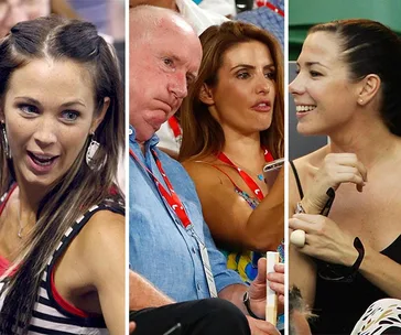 Three women enjoying the Australian Open, engaged in conversation and smiling.