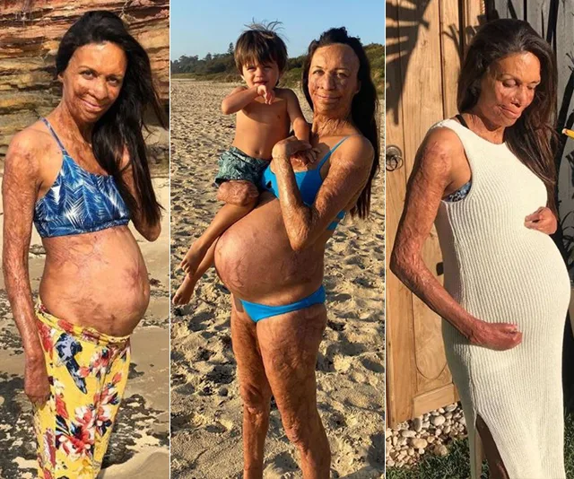 Pregnant woman in various outfits, posing outdoors on a beach and garden, showing baby bump in affectionate scenes.