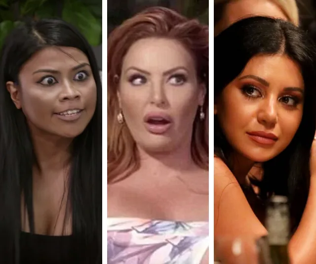 Three women reacting with surprised and amused expressions at a social event.