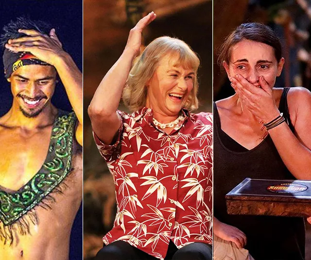 Three "Survivor Australia" contestants in jubilant and emotional moments, celebrating victories or milestones on the show.